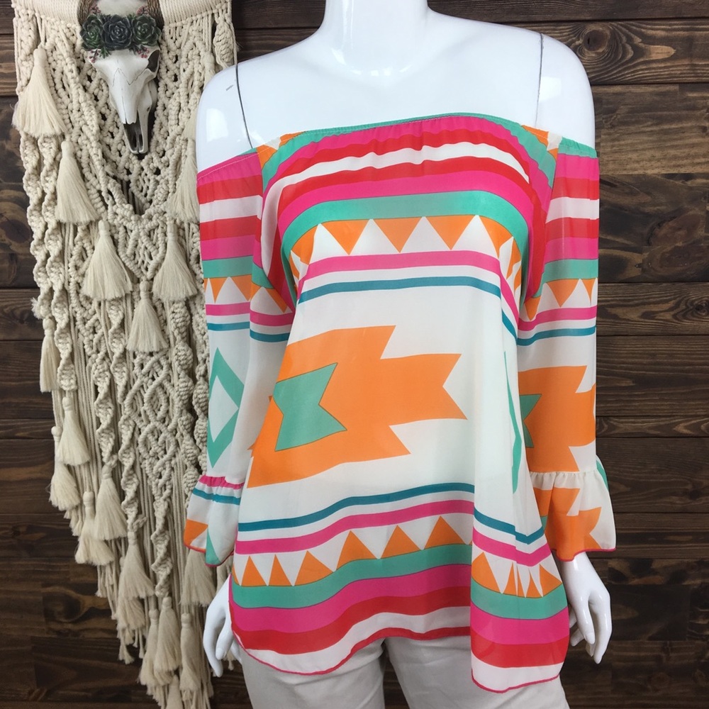 R Rouge | Aztec Sheer Ruffle‎ Bell Sleeve Blouse